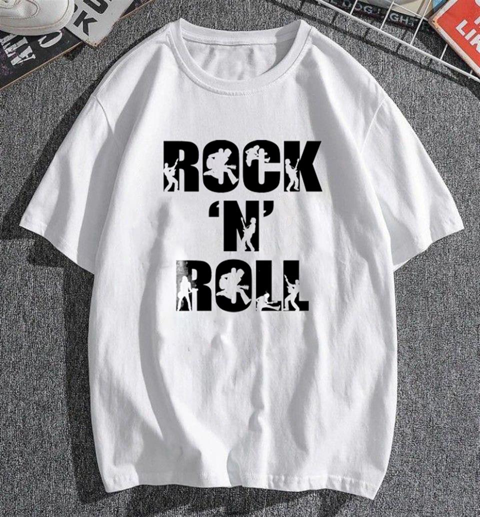 Rock N Roll Baskılı Beyaz Unisex Oversize T-shirt