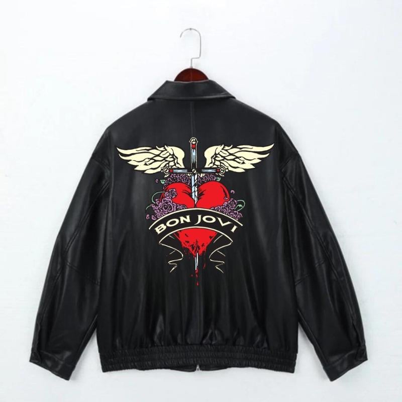 Rock Serisi Bon Jovi Baskılı Streetwear Siyah Oversize Unisex Astarlı Deri Ceket