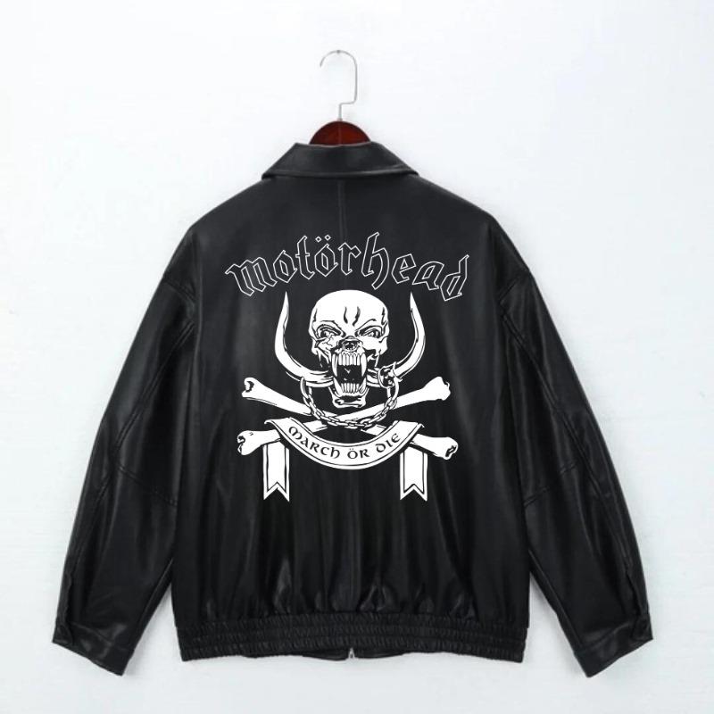 Rock Serisi Motorhead Baskılı Streetwear Siyah Oversize Unisex Astarlı Deri Ceket