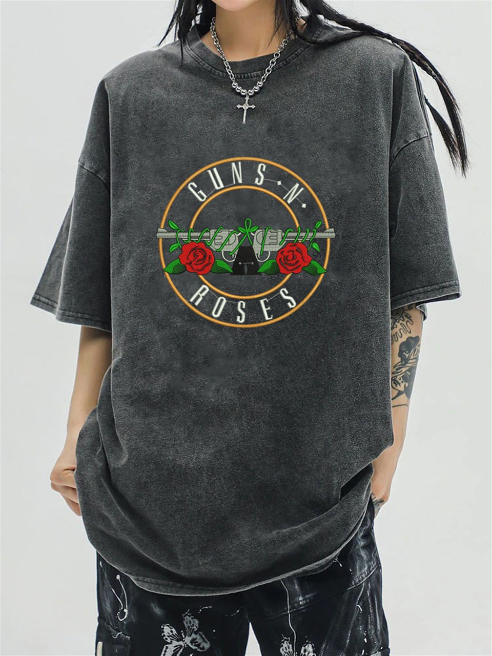 Rock Serisi Yıkamalı Guns N Roses Unisex Eskitme T-shirt