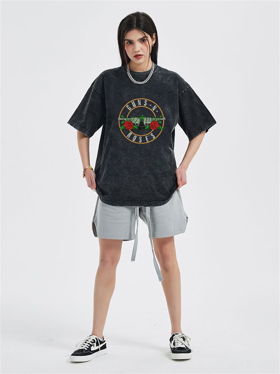 Rock Serisi Yıkamalı Guns N Roses Unisex Eskitme T-shirt