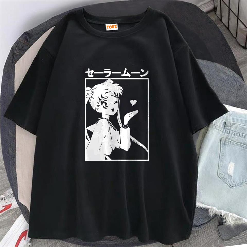 Sailor Moon Baskılı Siyah Unisex Oversize T-shirt