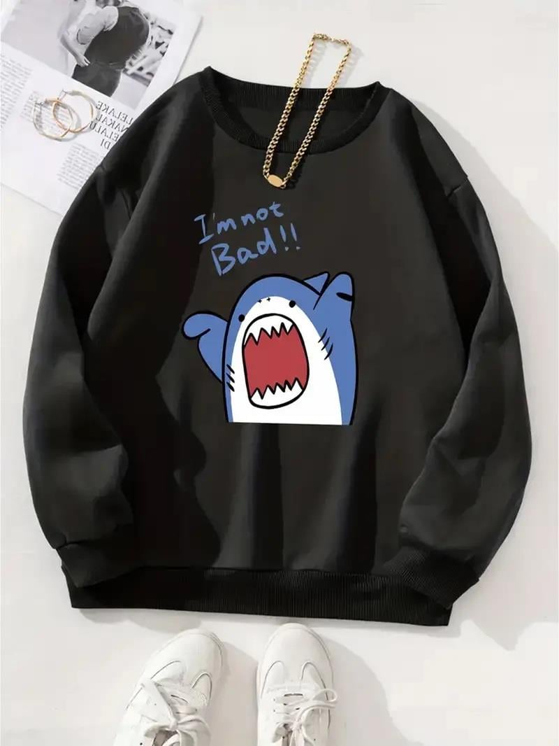 Shark Baskılı Siyah Unisex Oversize Bisiklet Yaka Sweatshirt