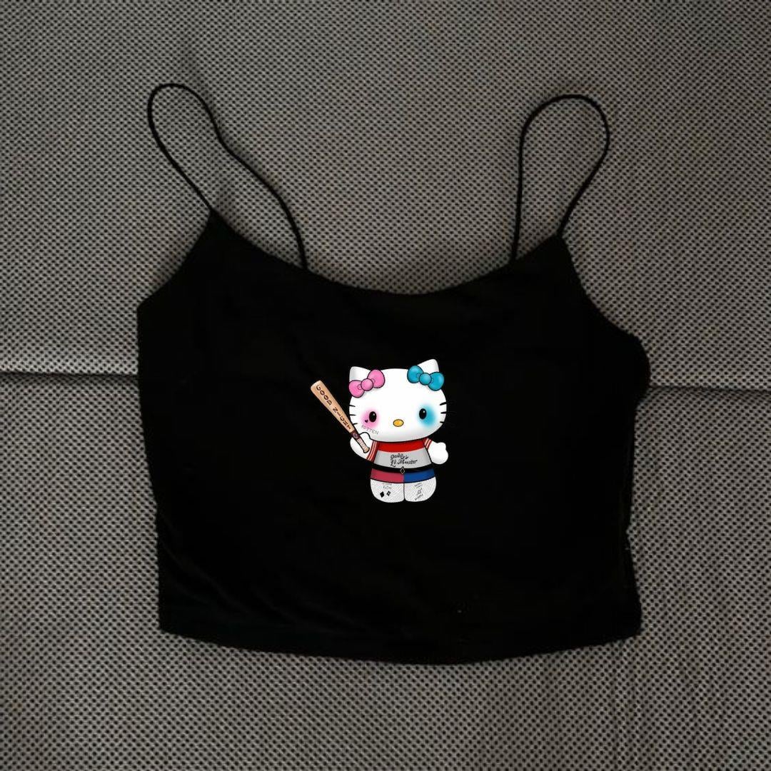 Siyah Baskılı Kadın Ip Askılı Büstiyer Crop