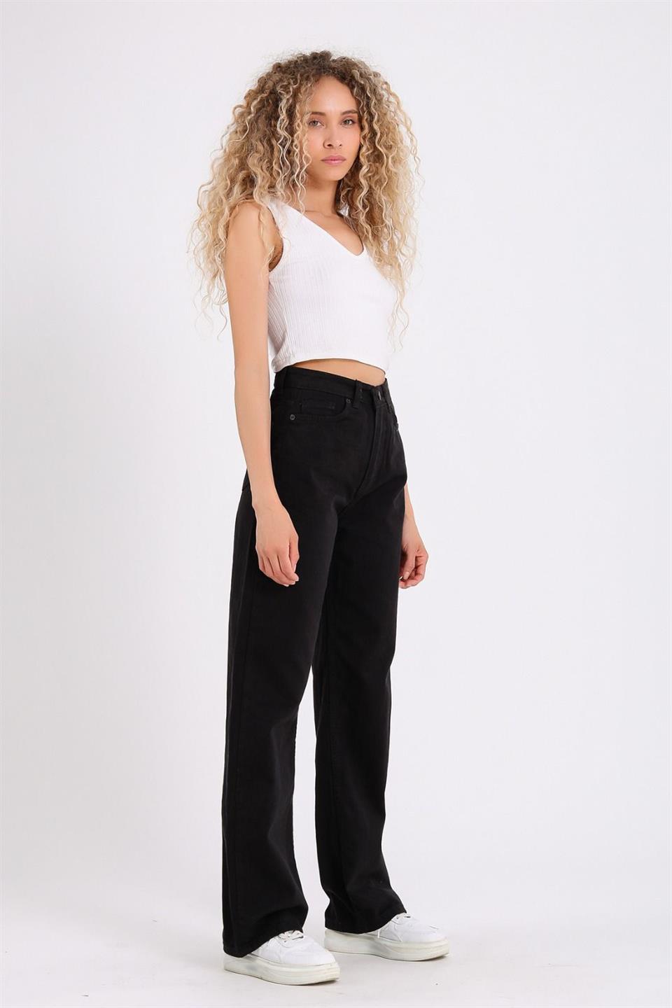 Siyah Bol Paça Jean Palazzo Wide Leg Kot Pantolon