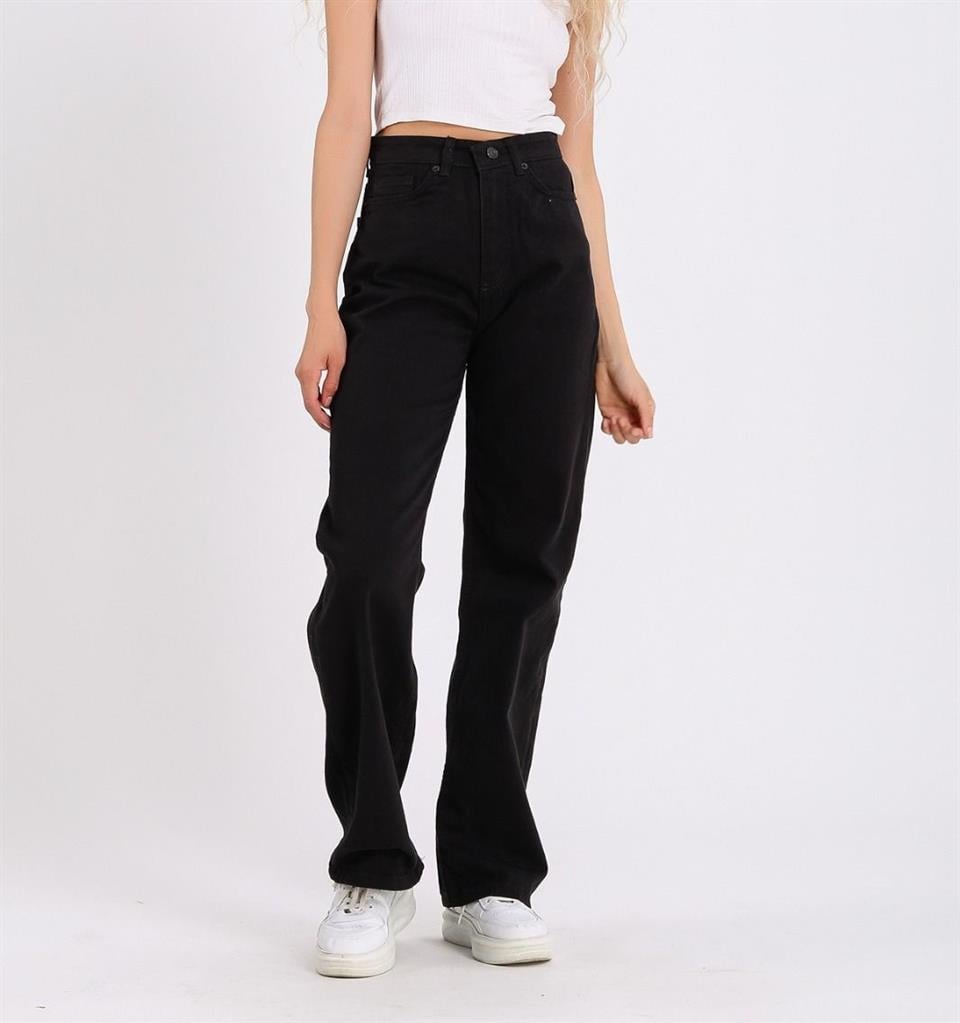 Siyah Bol Paça Jean Palazzo Wide Leg Kot Pantolon
