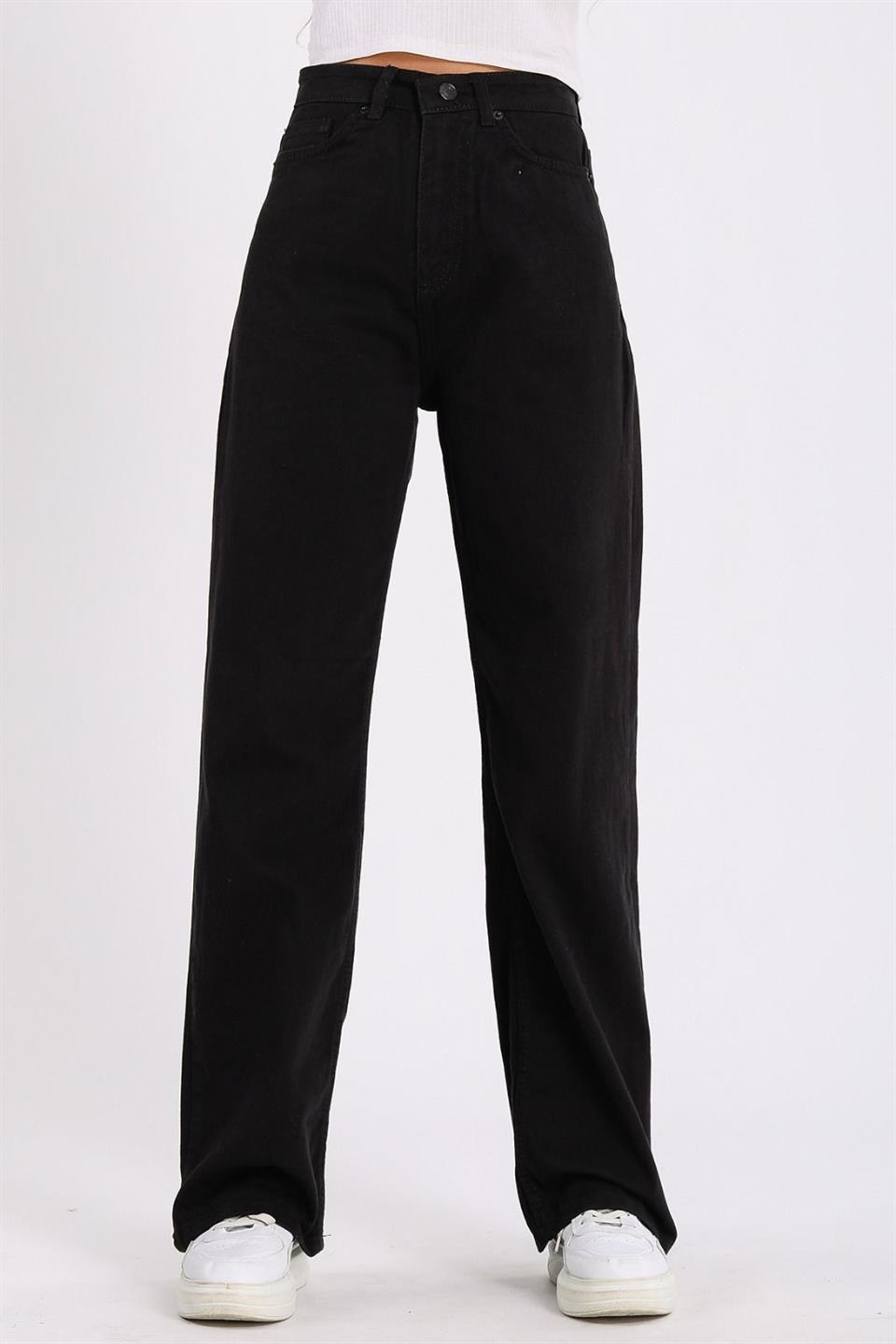 Siyah Bol Paça Jean Palazzo Wide Leg Kot Pantolon