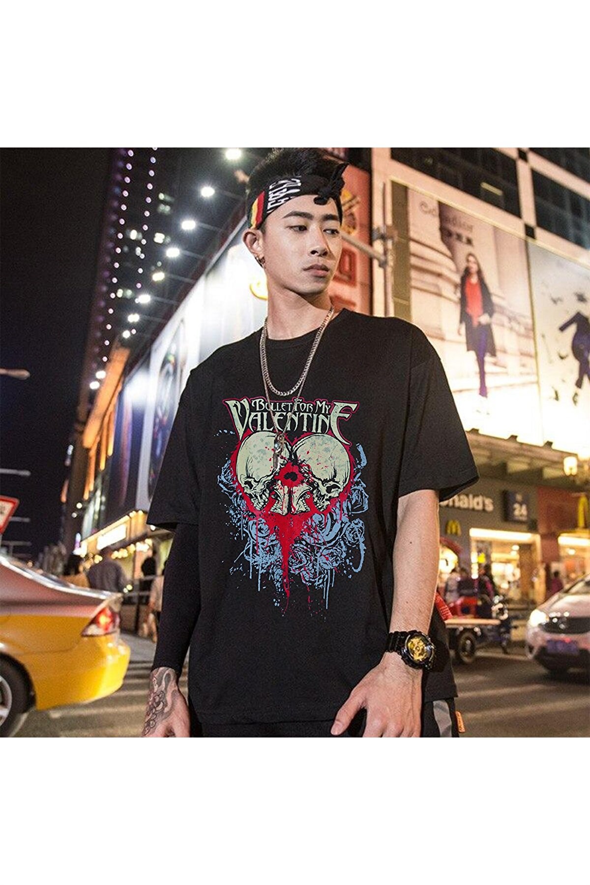 Siyah Geniş Kalıp Bullet For My Valentine Baskılı Unisex Rock-metal T-shirt
