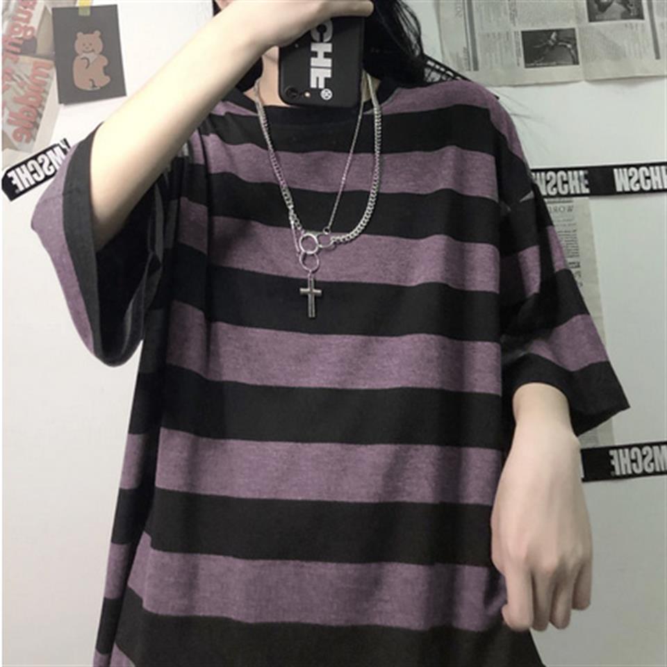 Siyah Lila Çizgili Unisex Oversize T-shirt