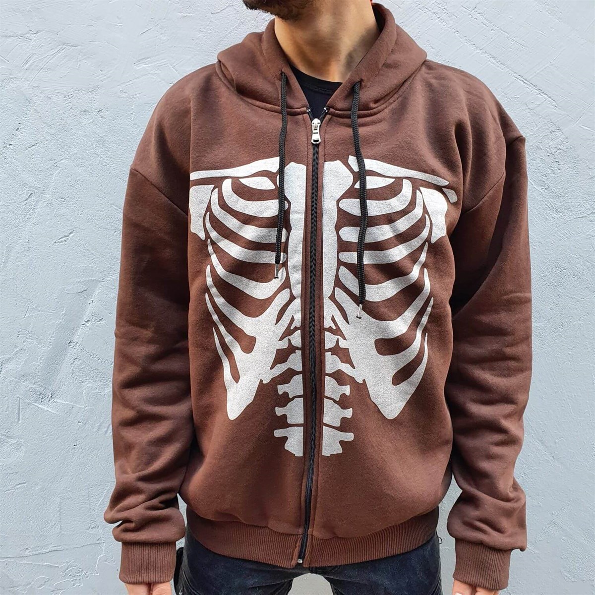 Skeleton Kahverengi Kalın Pamuklu (Unisex) Fermuarlı Kapşonlu