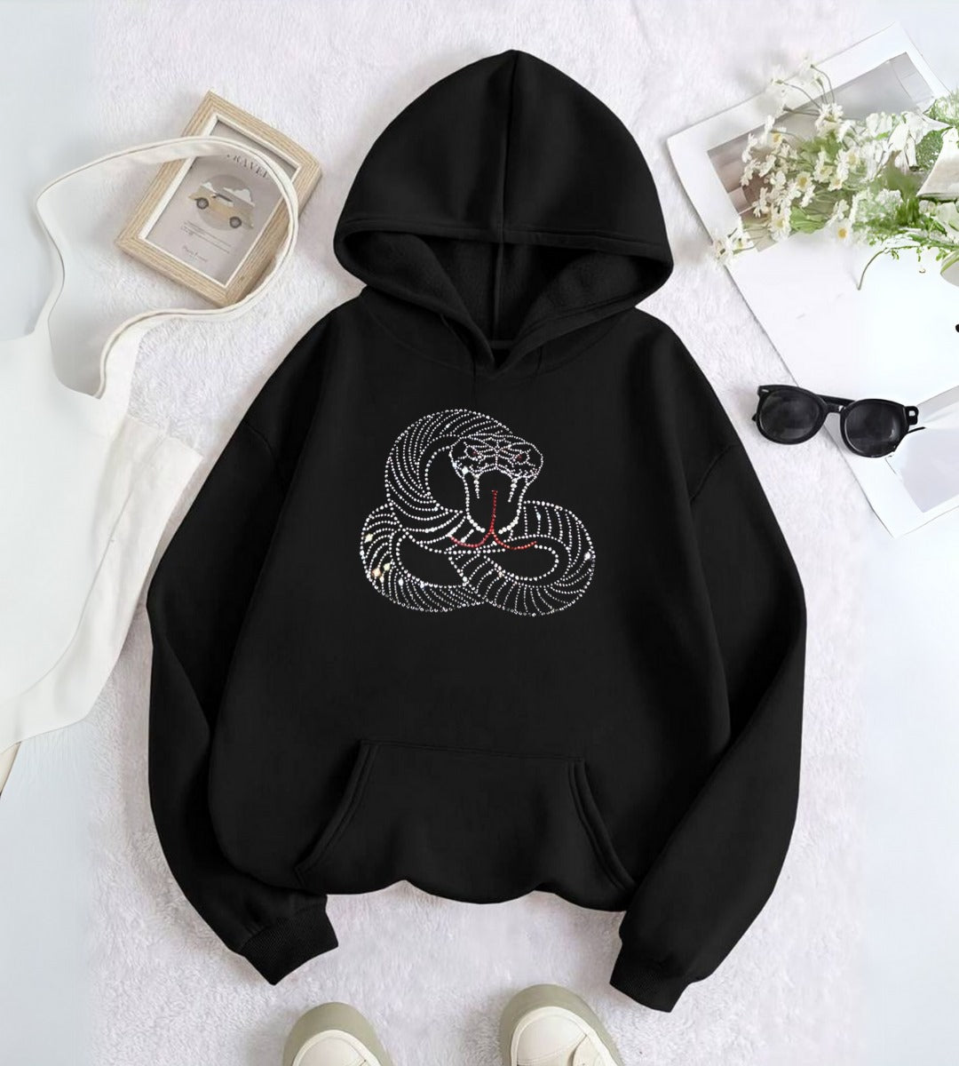 Snake Web Taş İşleme Detail Baskılı Kapşonlu Sweatshirt