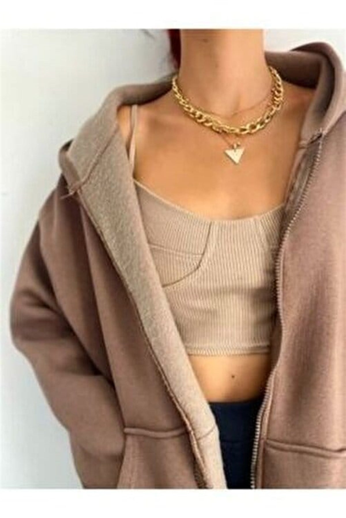 Sokak Tarzı Düz Oversize Açık Kahve Unisex Kapşonlu Hırka