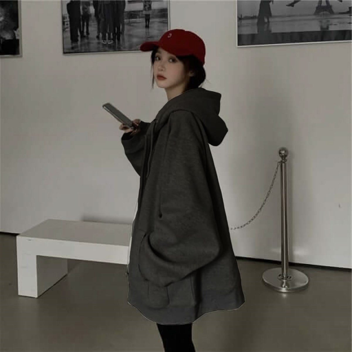 Sokak Tarzı Düz Oversize Antrasit Unisex Kapşonlu Hırka