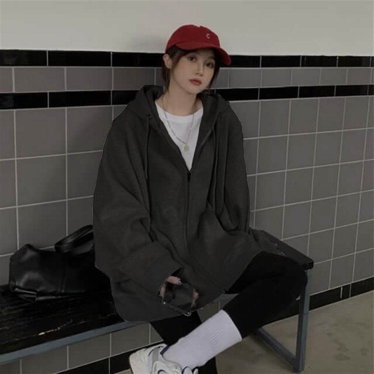 Sokak Tarzı Düz Oversize Antrasit Unisex Kapşonlu Hırka