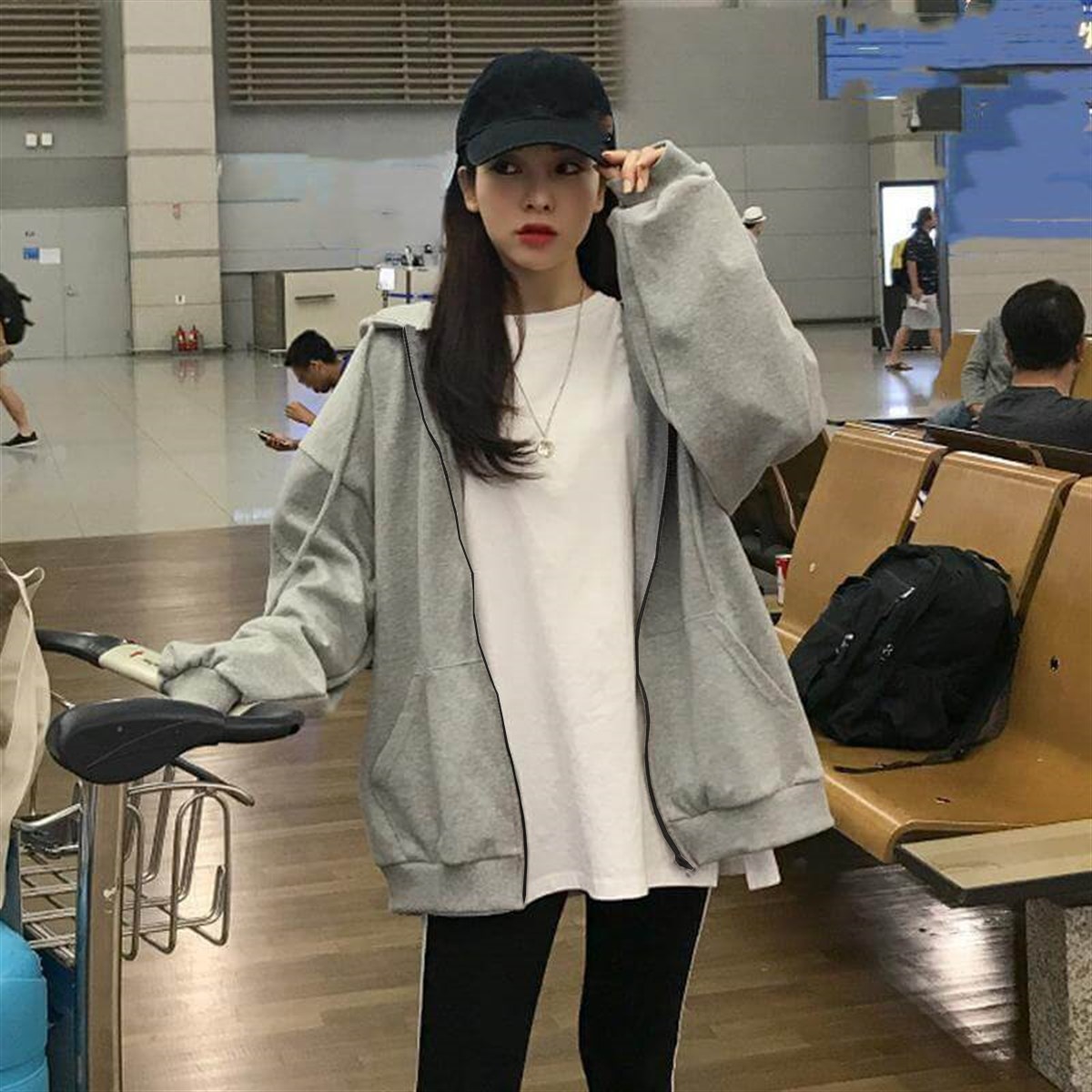 Sokak Tarzı Düz Oversize Gri Unisex Kapşonlu Hırka
