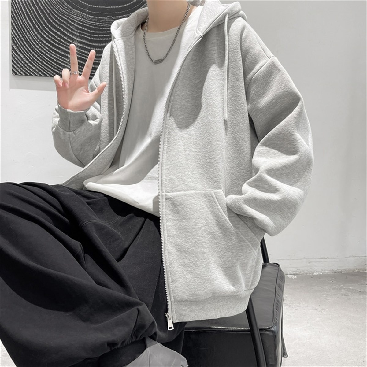 Sokak Tarzı Düz Oversize Gri Unisex Kapşonlu Hırka