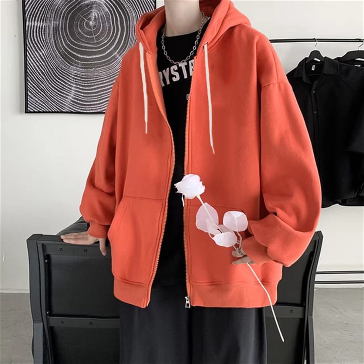 Sokak Tarzı Düz Oversize Turuncu Unisex Kapşonlu Hırka
