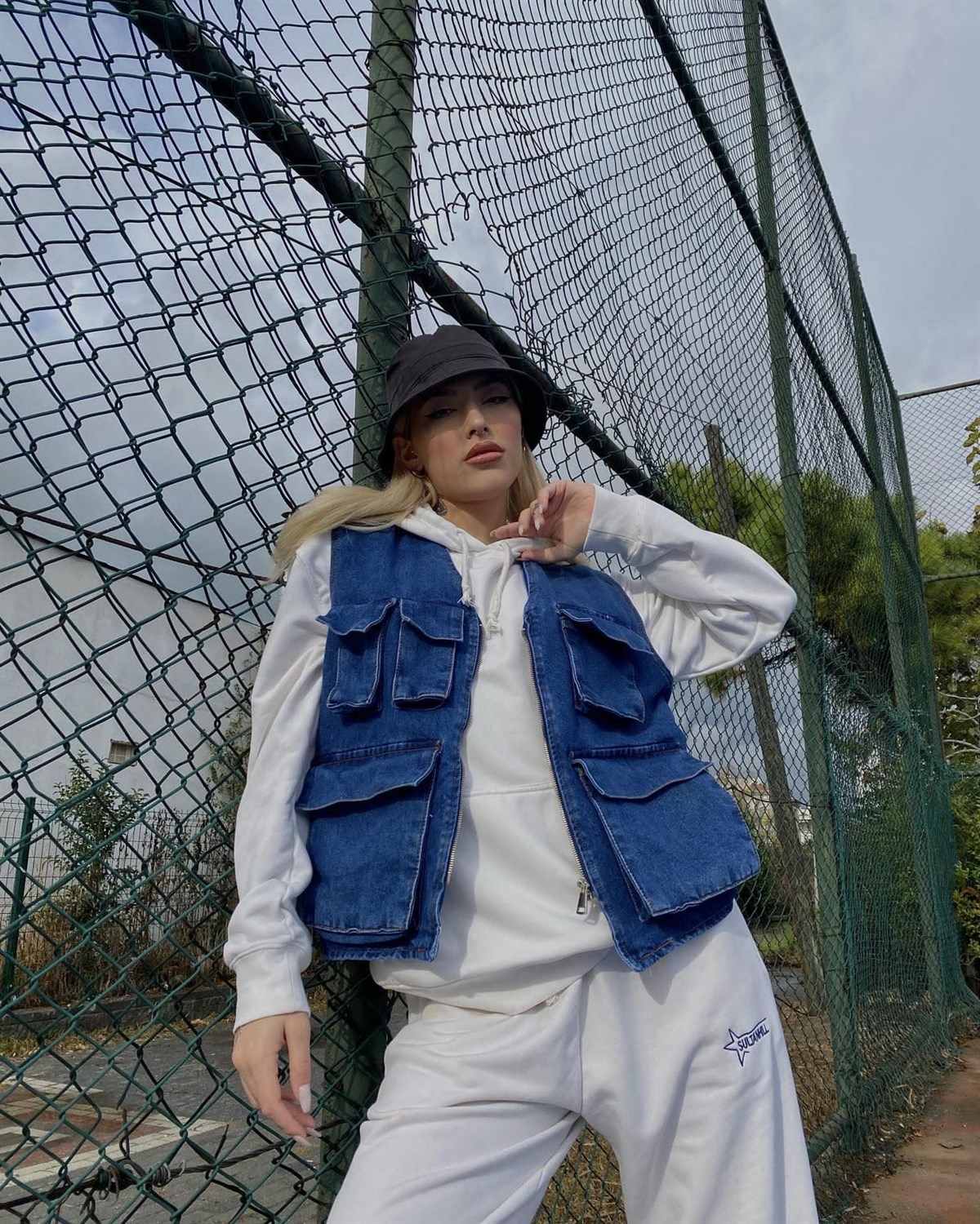 Sokak Tarzı Körüklü Cep Detay Denim Unisex Mavi Yelek