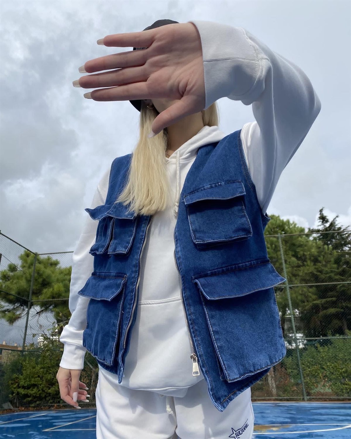 Sokak Tarzı Körüklü Cep Detay Denim Unisex Mavi Yelek