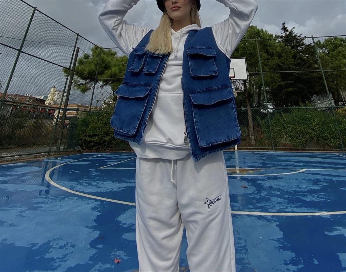 Sokak Tarzı Körüklü Cep Detay Denim Unisex Mavi Yelek