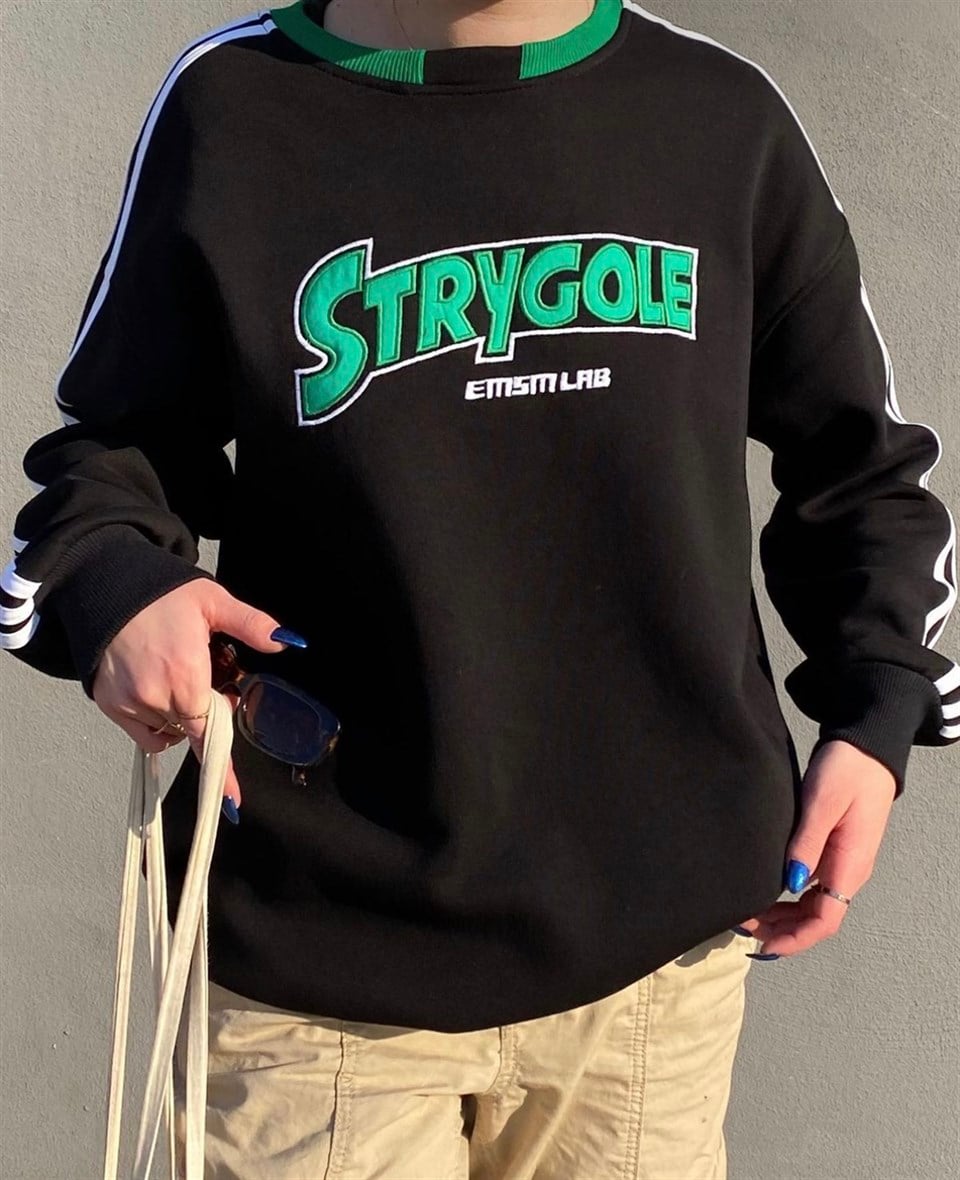 Sokak Tarzı Siyah Strygole Oversize Unisex Sweatshirt