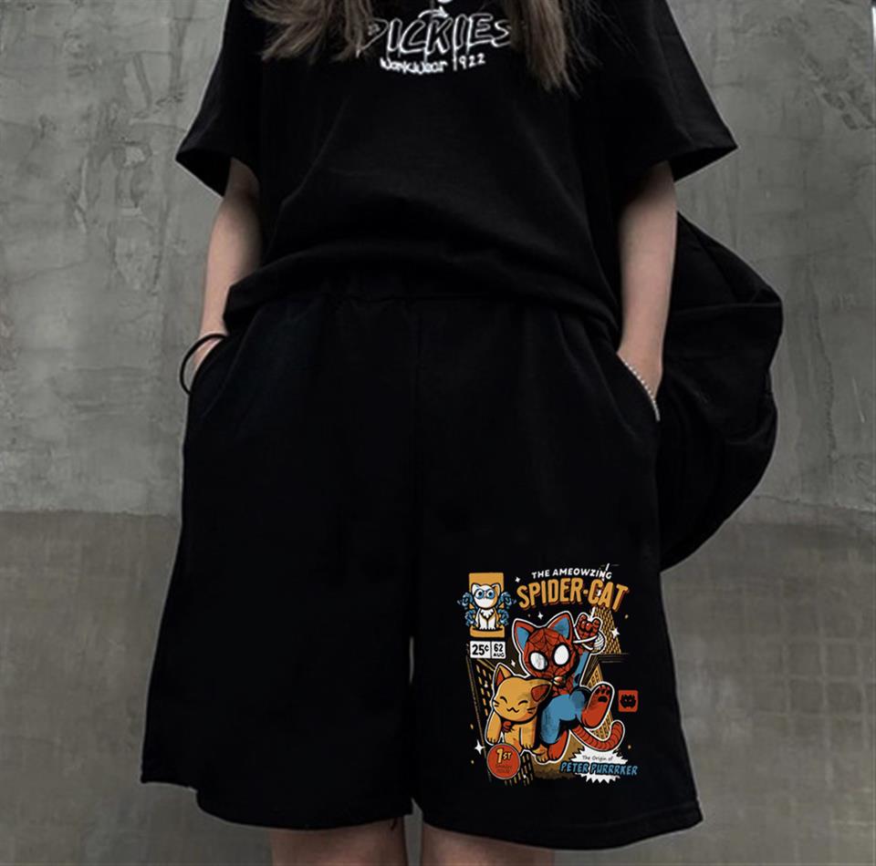 Spider-Cat Baskılı Siyah Unisex Penye Şort