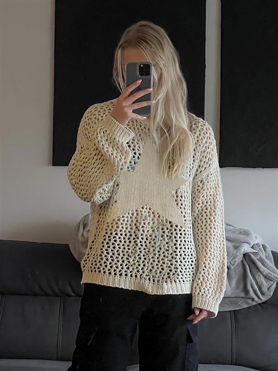 Star Detail Oversize Krem Rengi Triko Örgü Kazak