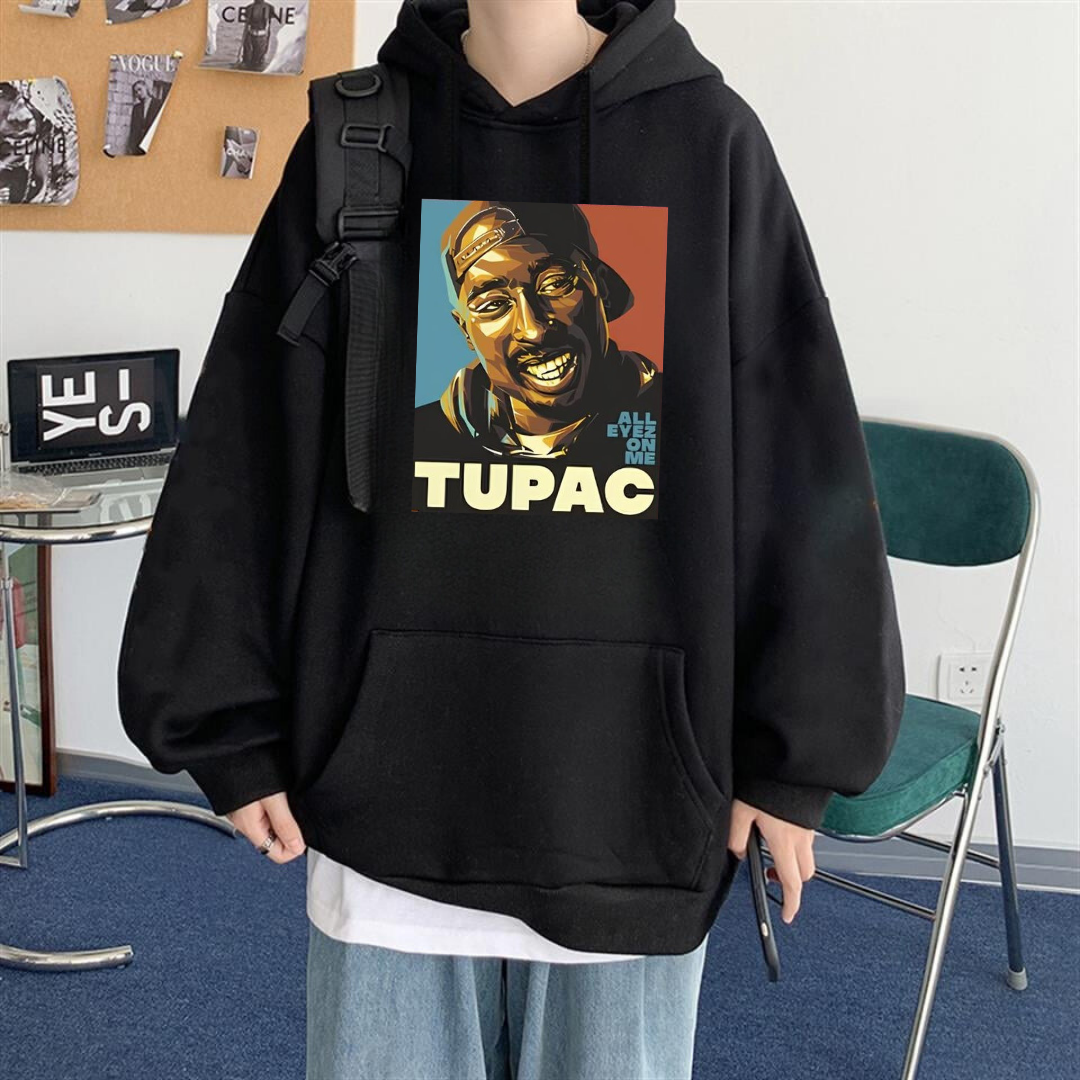 Street Wear Hip-Hop Tupac Shakur Baskılı Oversize Unisex Siyah Kapşonlu Hoodie Sweatshirt