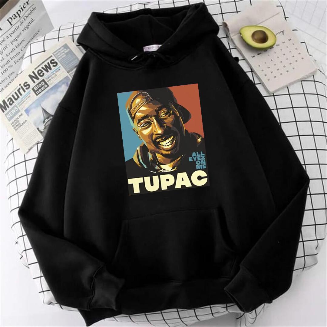Street Wear Hip-Hop Tupac Shakur Baskılı Oversize Unisex Siyah Kapşonlu Hoodie Sweatshirt
