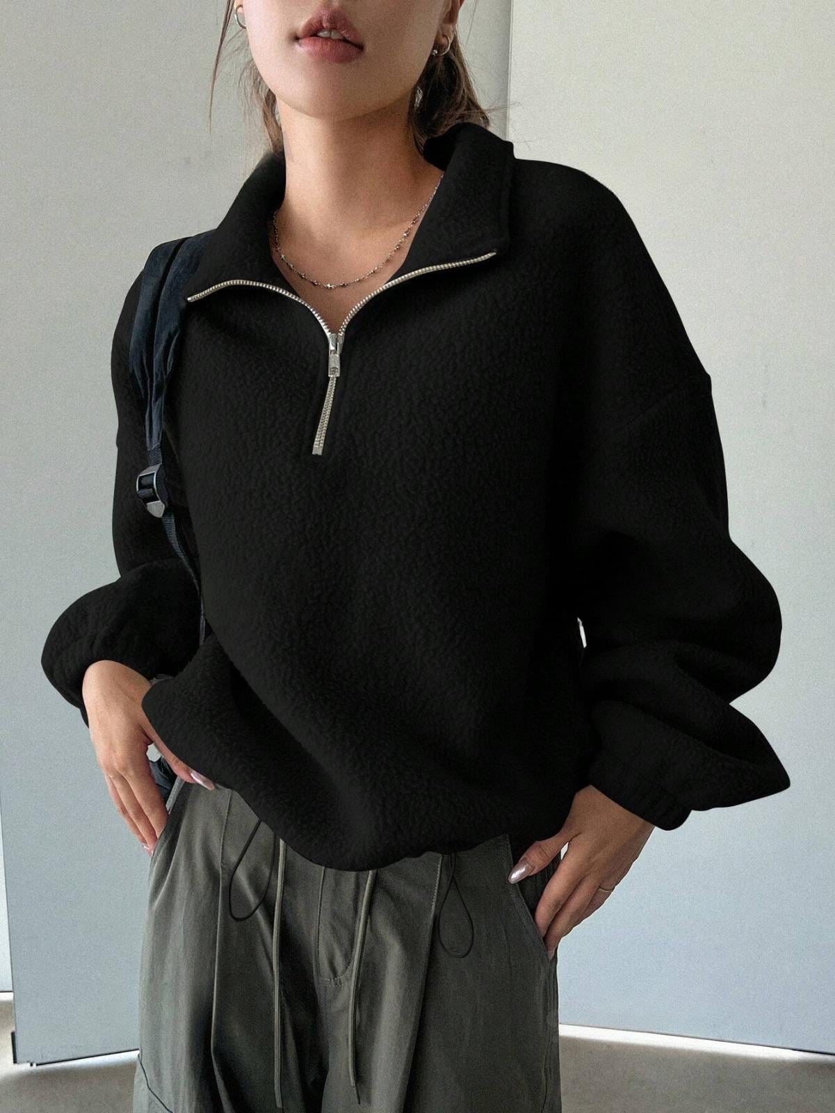 Streetwear Detail Peluş Fermuarlı Siyah Ceket