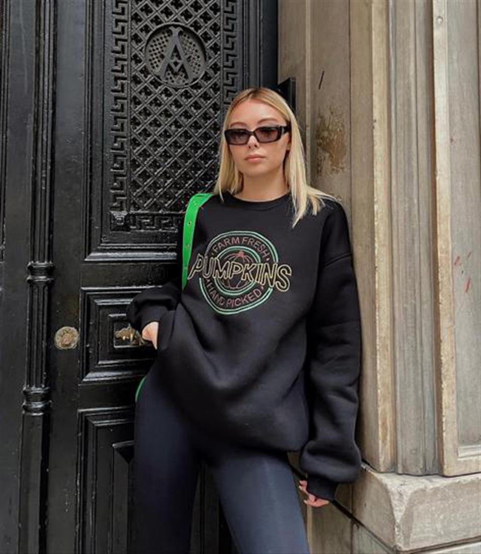 Streetwear Pumpkins Siyah Unisex Oversize Bisiklet Yaka Sweatshirt