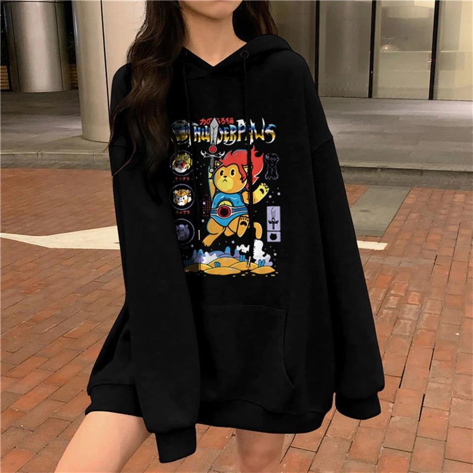 Thunder Paws Baskılı Siyah Unisex Oversize Kapüşonlu Sweatshirt
