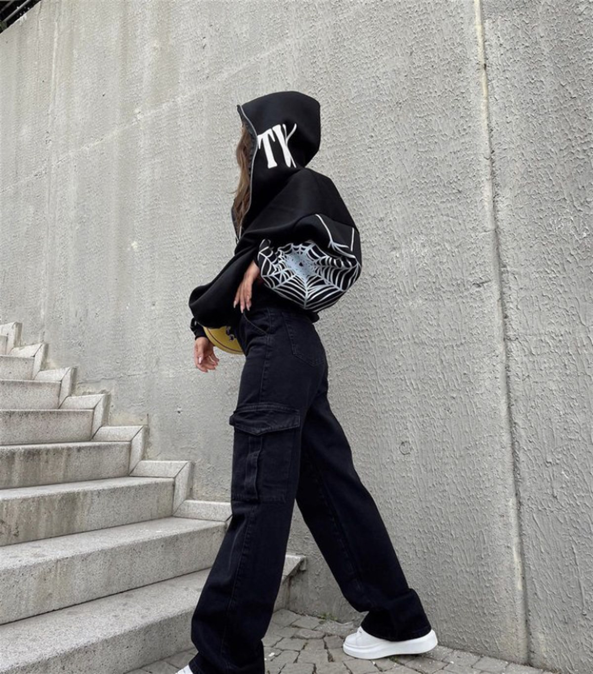 Touz Gothic Spider Web Kapüşonlu Fermuarlı Oversize Sweatshirt