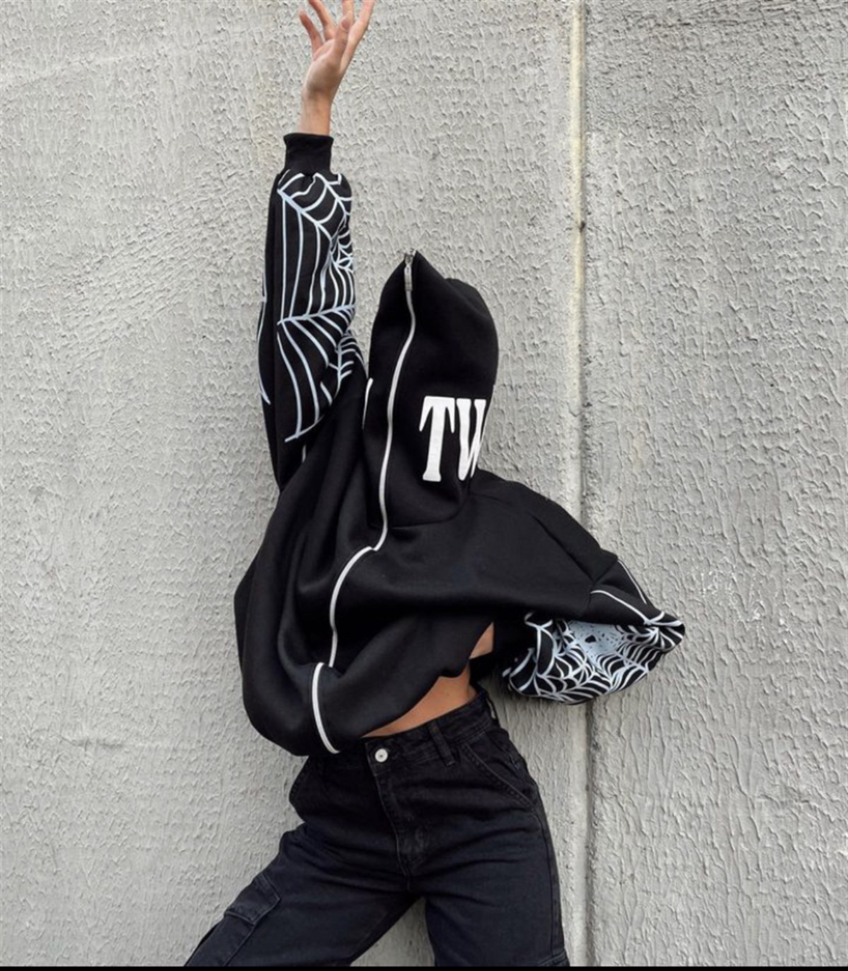 Touz Gothic Spider Web Kapüşonlu Fermuarlı Oversize Sweatshirt