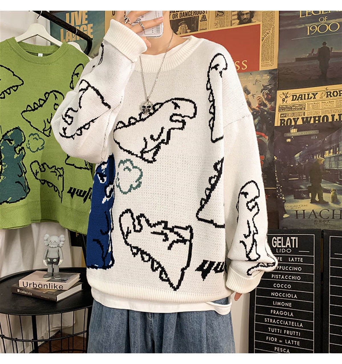 Touz Harajuku Bej Dinosarus Oversize Unisex Kazak