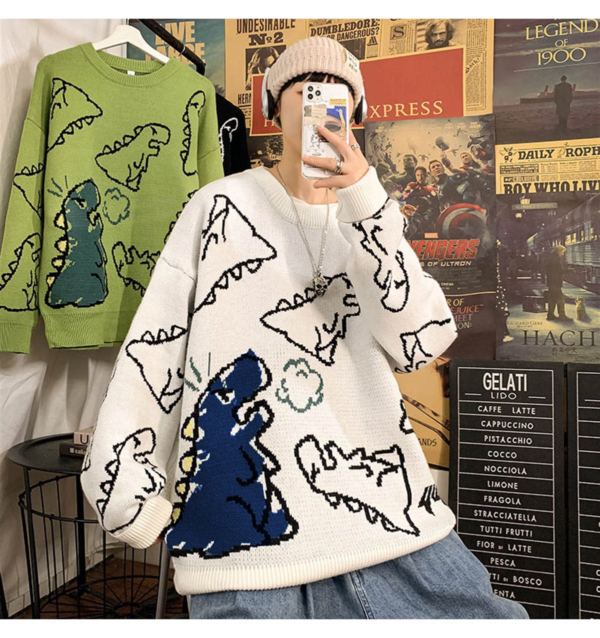 Touz Harajuku Bej Dinosarus Oversize Unisex Kazak