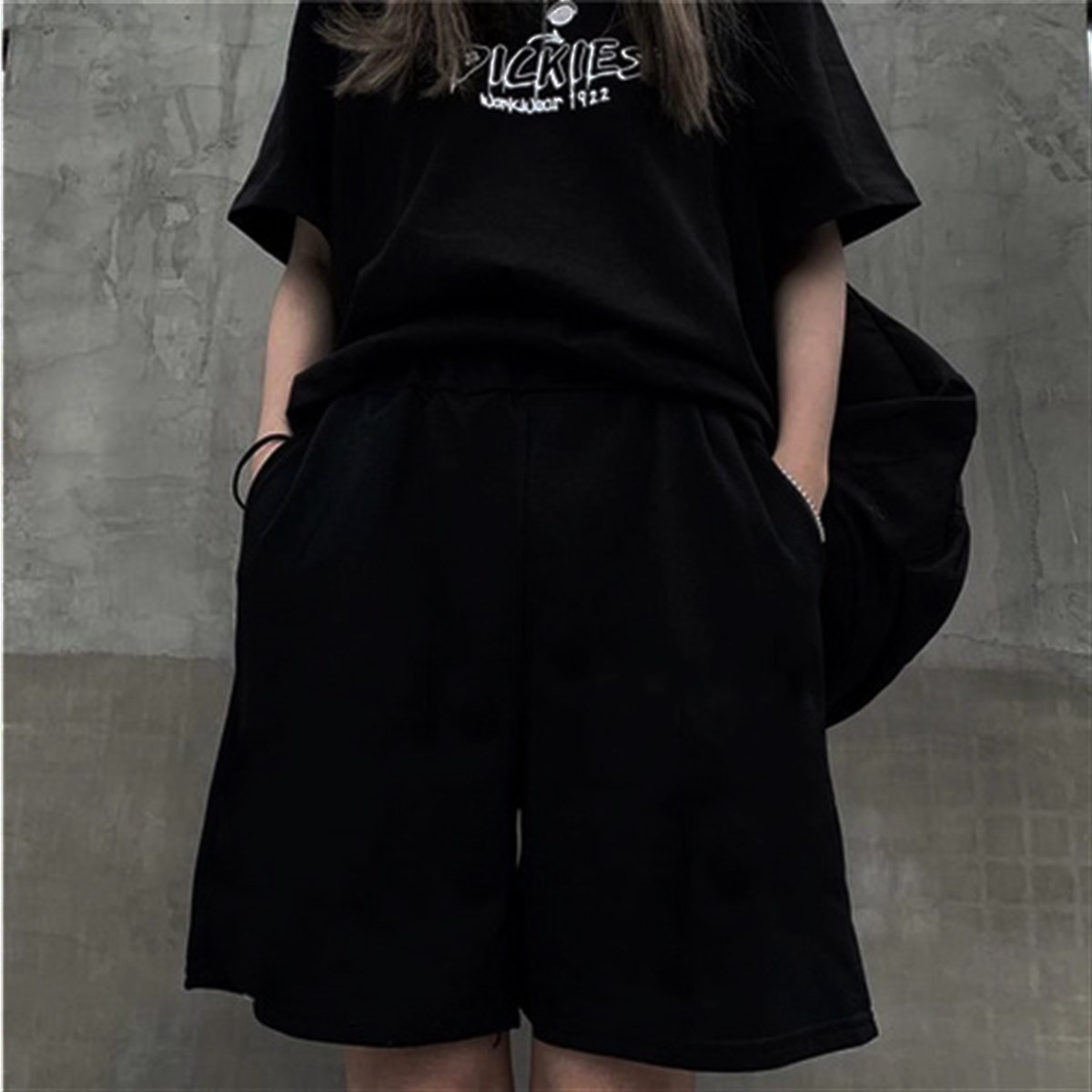 Touz Harajuku Düz Siyah Penye Unisex Şort