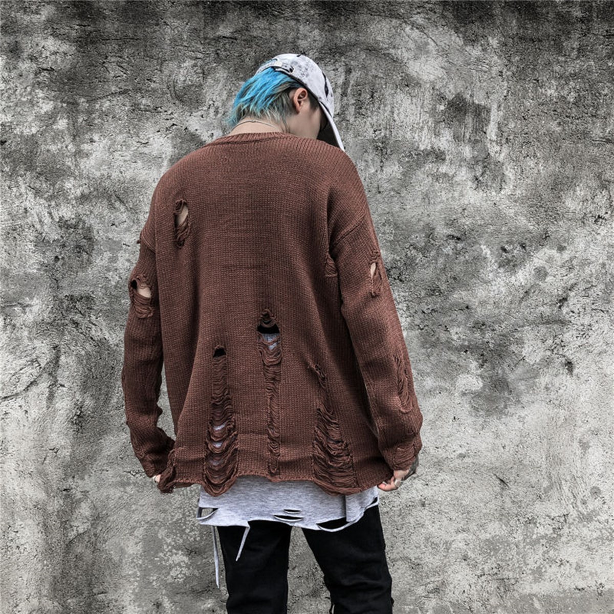 Touz Harajuku Oversize Unisex Yırtıklı Kahverengi Kazak