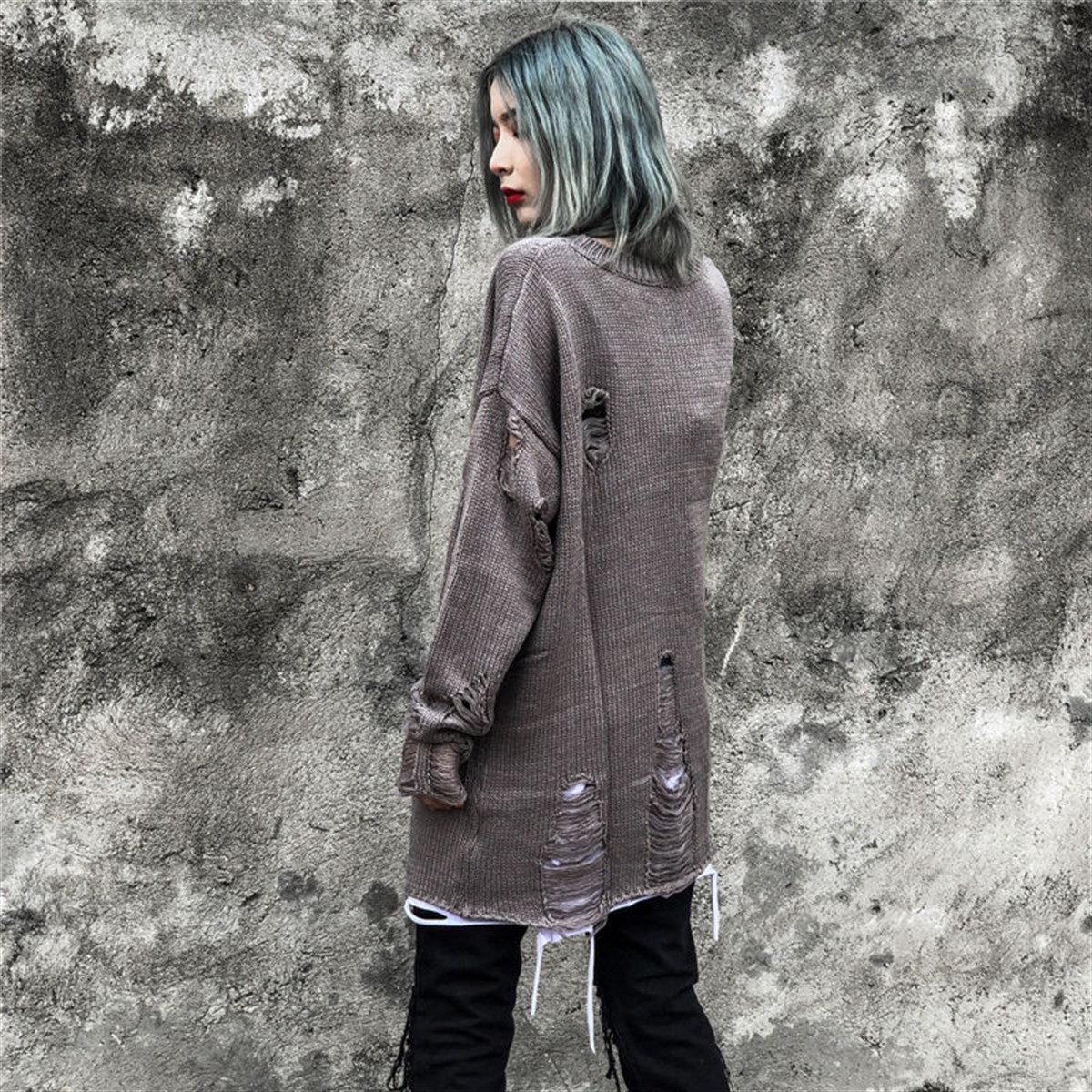 Touz Harajuku Oversize Unisex Yırtıklı Gri Kazak