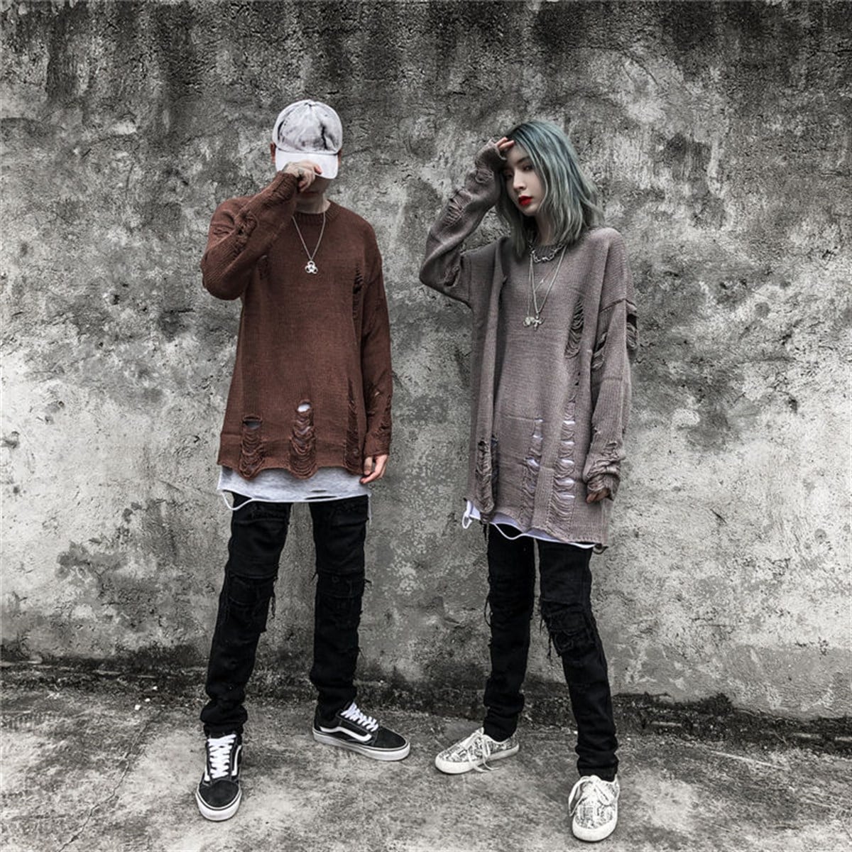 Touz Harajuku Oversize Unisex Yırtıklı Gri Kazak