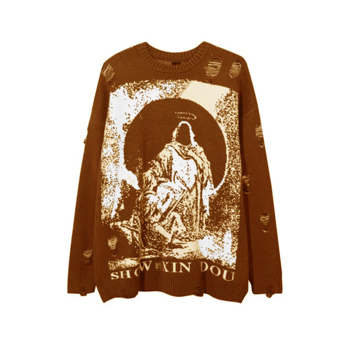 Touz Harajuku Priest Salvation Printed Kahverengi Unisex Yırtıklı Triko Kazak