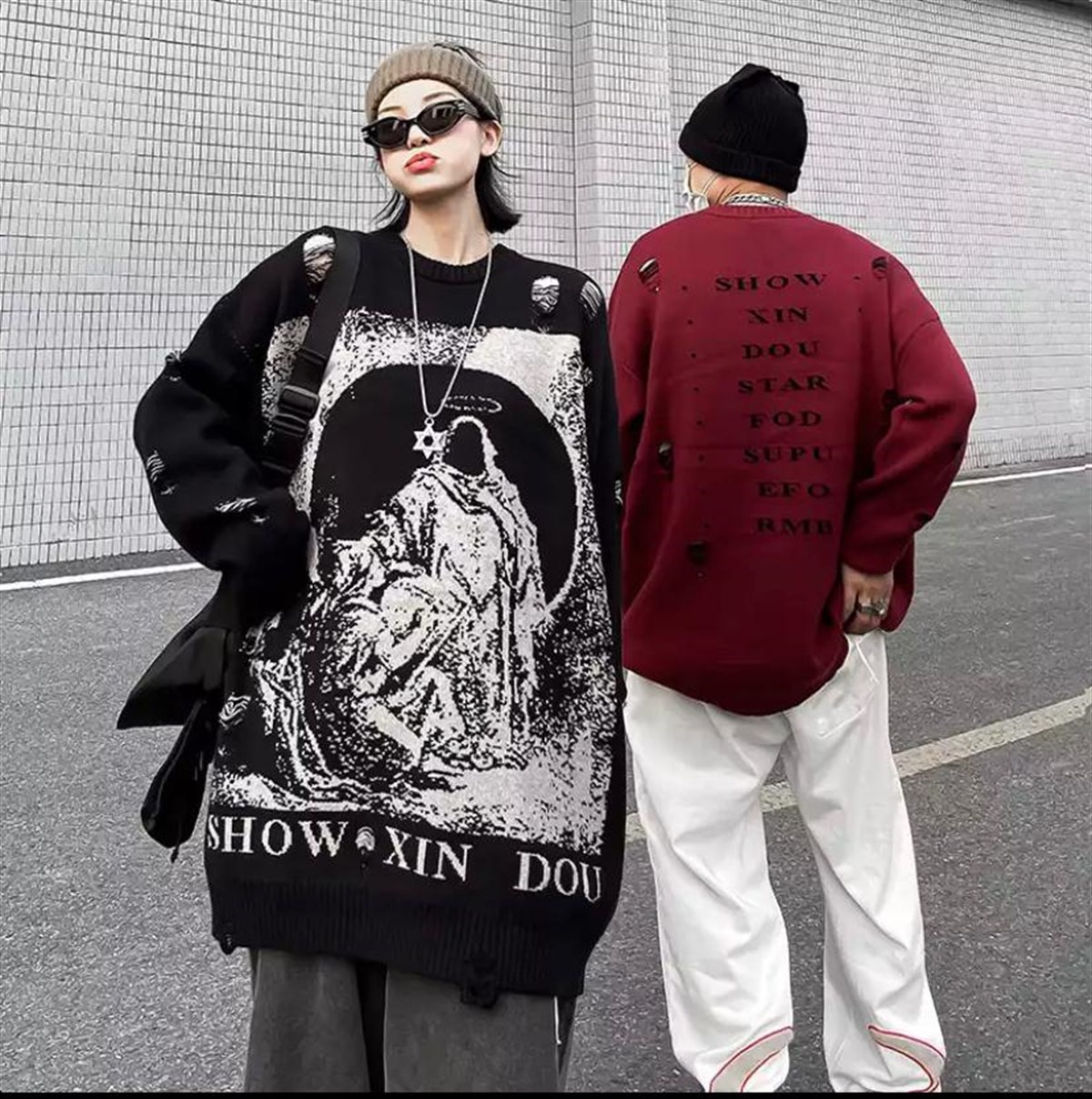 Touz Harajuku Priest Salvation Printed Bordo Unisex Yırtıklı Triko Kazak