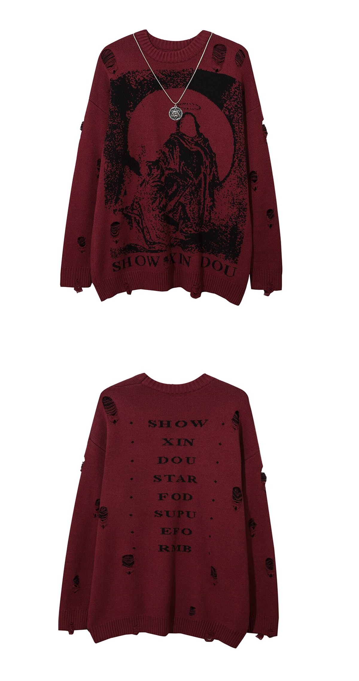 Touz Harajuku Priest Salvation Printed Bordo Unisex Yırtıklı Triko Kazak