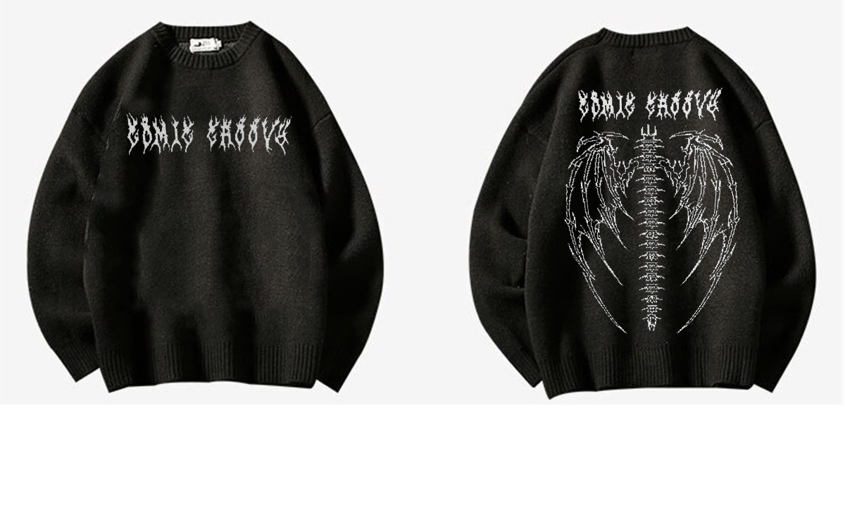 Touz Harajuku Siyah Tribal Ön Arka İşlemeli Oversize Unisex Kazak