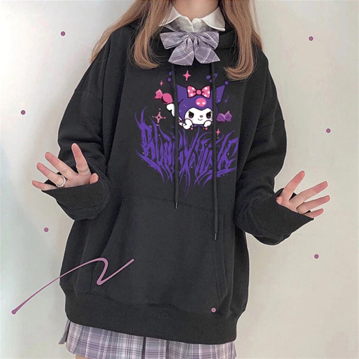 Touz Harujuku Gotik Kuromi Siyah Kapşonlu Sweetshirt