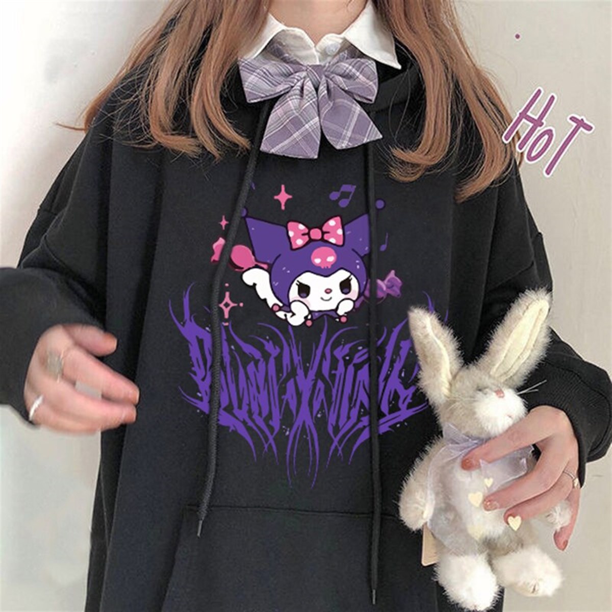 Touz Harujuku Gotik Kuromi Siyah Kapşonlu Sweetshirt