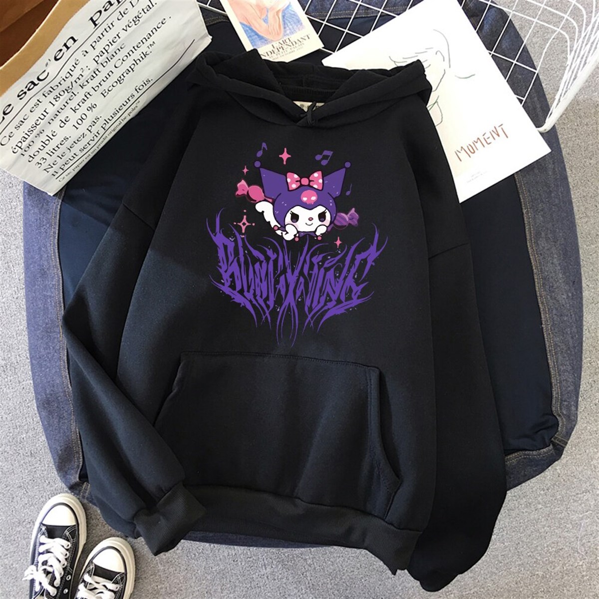 Touz Harujuku Gotik Kuromi Siyah Kapşonlu Sweetshirt
