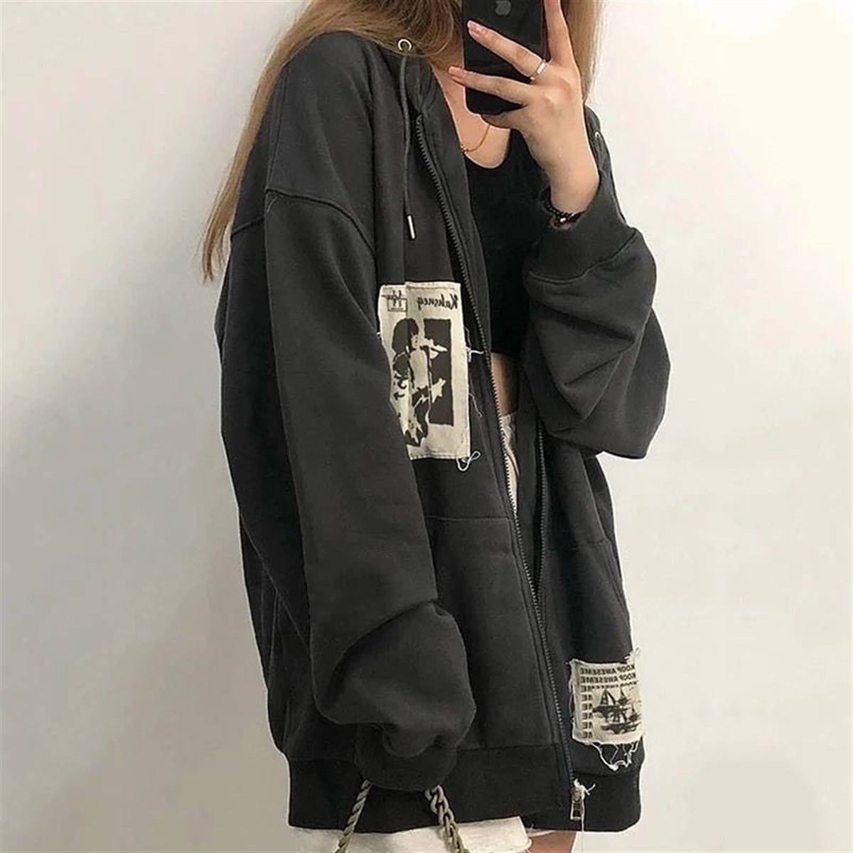 Touz Punk Distressed Appliques Hoodie Jacket Hırka