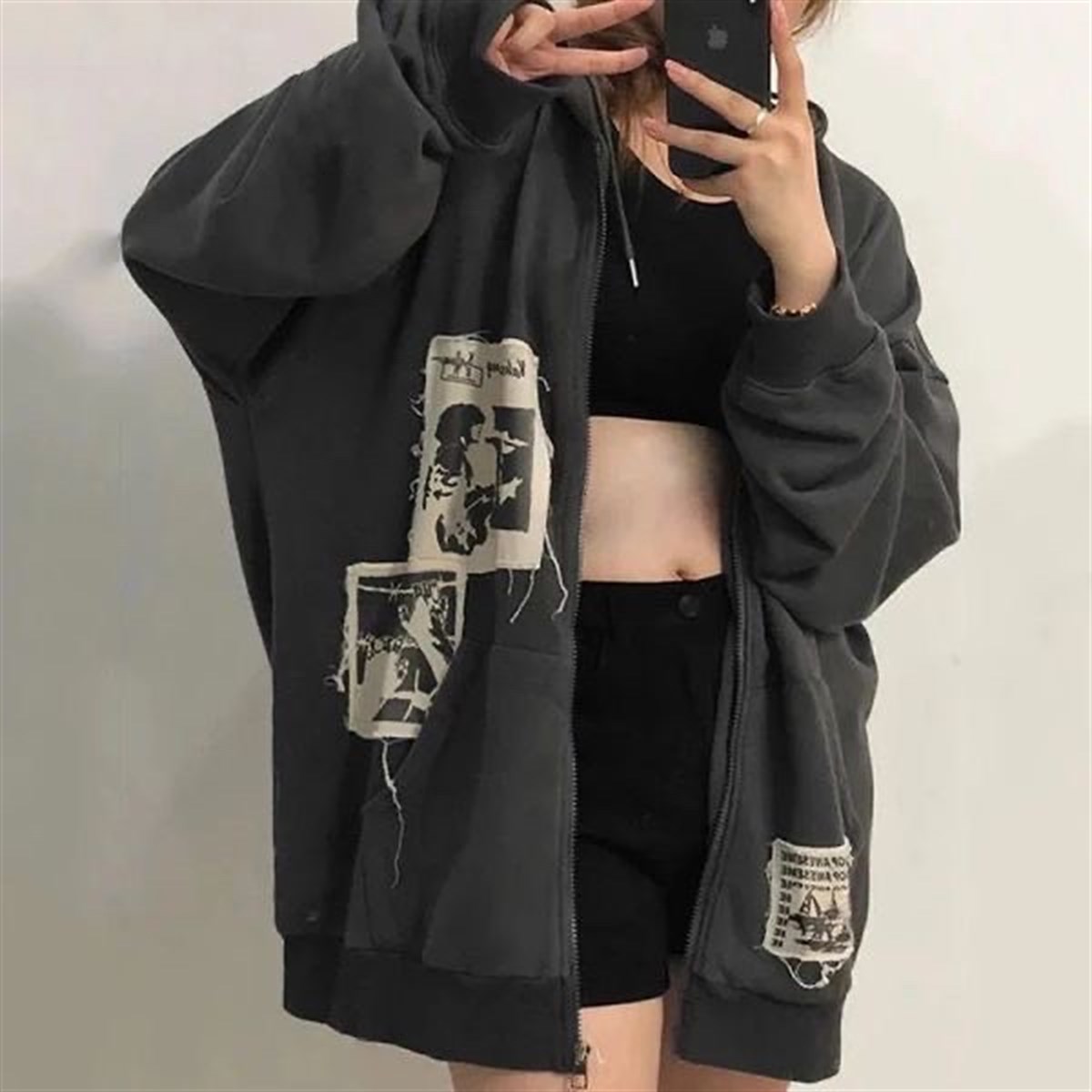 Touz Punk Distressed Appliques Hoodie Jacket Hırka