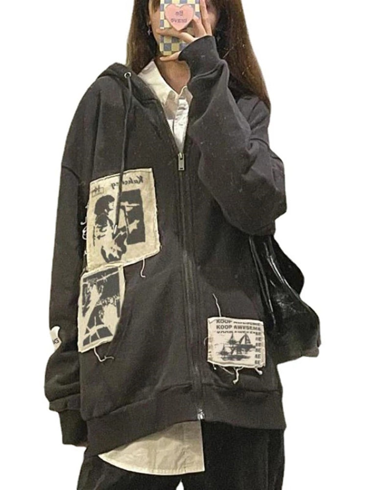 Touz Punk Distressed Appliques Hoodie Jacket Hırka